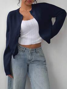 SHEIN BASICS Casual Solid Color Round Neck Long Sleeve Loose Cropped Women Sweater Cardigan In Fall/Winter - Navy Blue - View 5