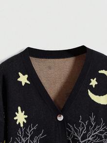 ROMWE Goth Cardigan tricotat pentru femei, cu imprimeu gotic de dovleac, cu copac ofilit, lună și pisică misterioasă, pentru Halloween - Negru - Vizualizare 3