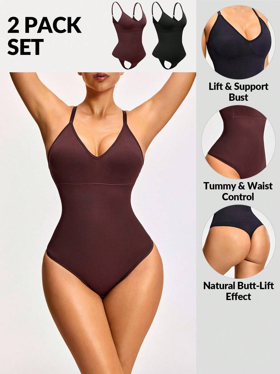 SHAPORA 2 件装无缝塑身衣丁字裤紧身衣套装塑身提臀带可调节肩带收腹腰大腿控制 - 彩色 - 查看 1