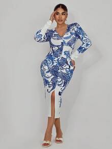 Xyvia Women's Elegant Floral Print Bodycon Dress With Side Slit Hem Fall Cloth For Women - Multicolor - View 1