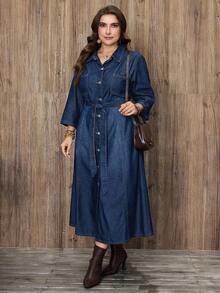 EMERY ROSE Plus Size Women Elegant Belted Denim Dress