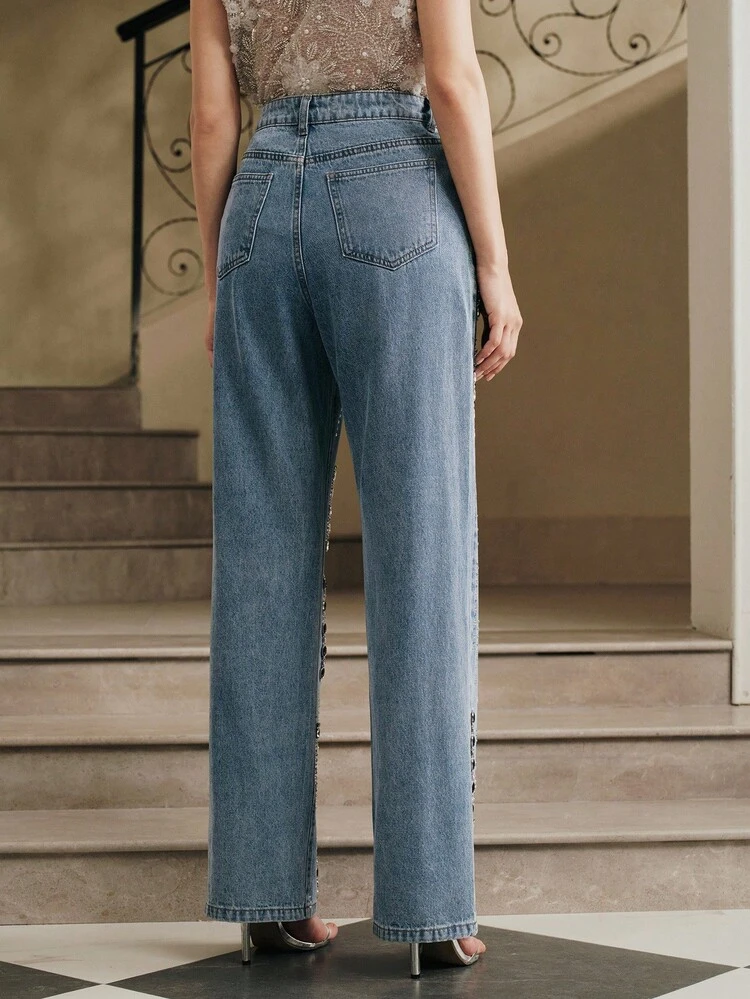 Elite Tycoon Style Heavy Embellished Diamond Women's Straight Leg Blue Jeans, Rhinestone Jeans
