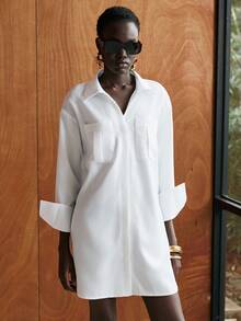 Lumivelle New Arrival French Style V-Neck Long Sleeve White Shirt Dress - White - View 3
