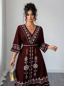 Elenzga Christmas Plus Size Women Placement Print Beach Dress, Bohemian Style - Burgundy - View 5