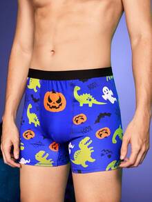 Notgurli Halloween Colorblock Pumpkin Dinosaur Ghost Spider Web Cute Funny High Waist Boxer Briefs, Comfortable Lifting For Men - Blue - View 4