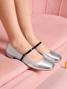 CUCCOO DOLLMOD Giày Mary Jane đế bằng màu đỏ, mũi vuông, họa tiết kẻ caro, phong cách sinh viên, gót thấp dễ thương kiểu Nhật Bản - Bạc - Xem 5