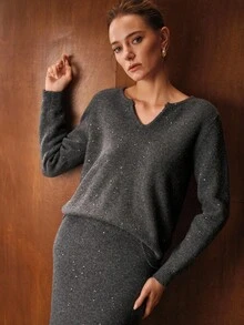 MOTF PREMIUM CONTRAST SEQUINS NOTCH NECK SOLID SWEATER