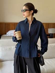 K-Vae 女秋冬复古牛仔衬衫老款衬衫简约风系腰衬衫日常通勤衬衫 - 中等水洗藍 - 查看 5