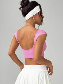 SHEIN Sovereign Charm Camiseta Esportiva Sem Costura Manga Curta/Gola Careca/Franzido na Frente/Moda/Fitness Corrida/Yoga - Rosa Bebê - Visão 2