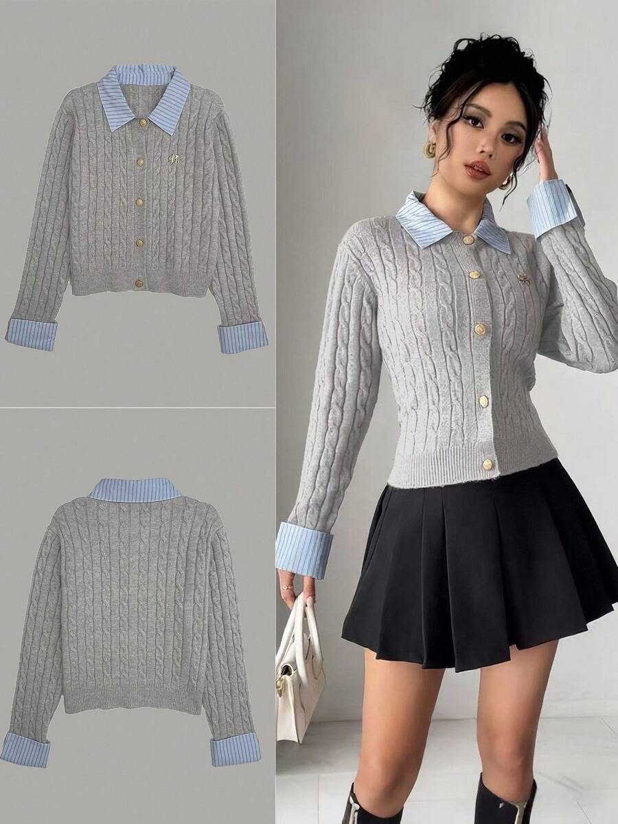 Chiquease 时尚博主风二合一拼布针织短款开衫，欧美风 - 淺灰色 - 查看 1