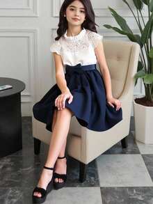 Tween Girl Contrast Lace Panel Frill Neck Belted Dress - Blue - View 8
