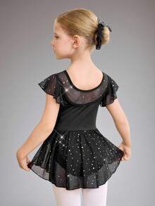 SHEIN 女童无袖紧身连衣裤，带荷叶边腰带蝴蝶结，校园比赛芭蕾舞裙，儿童可爱亮片网眼芭蕾舞裙，舞蹈连体衣 - 黑色 - 查看 3