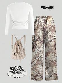 2pcs Set: Numeric Print Top + Camouflage Print Pants, Tween Girls Long Sleeve Waisted Top & Straight Leg Cargo Pants Outfit - Purple - View 2
