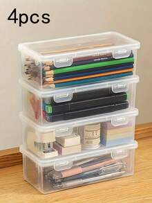 4 件套大容量透明收纳盒透明整理器带翻盖铰链盖适用于办公室学校办公室艺术工艺品用品办公桌配件返校 - 無色 - 查看 11