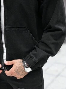 Manfinity Homme 男士口袋连帽拉链休闲纯色牛仔夹克连帽衫男朋友和丈夫男女通用舒适拉链黑色适合 OVERSIZE 外出，秋季 - 黑色 - 查看 6