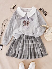 SHEIN Explorewe 2 件女童时尚休闲长袖可爱公主领蝴蝶结印花运动衫，柔软面料上衣和百搭褶皱格子裙，适合圣诞节、万圣节、秋季 - 灰色 - 查看 6