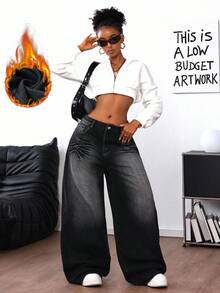 SHEIN ICON 女式褪色简约休闲牛仔裤 - 黑色 - 查看 4