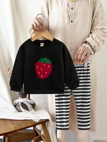 SHEIN Baby/Toddler Girls 0-3 Years Spring/Summer Casual Homewear & Outgoing Cute Fruit Strawberry Print Crew Neck Long Sleeve Sweatshirt + Ribbed Skinny Leggings Set Fall Winter - Black - View 7
