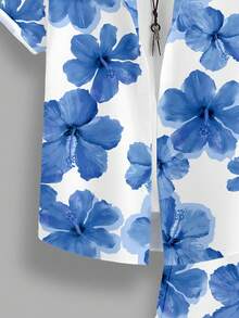 Manfinity Homme 中国风青花瓷芙蓉花满版修身男士短袖衬衫套装 - 藍色 - 查看 4