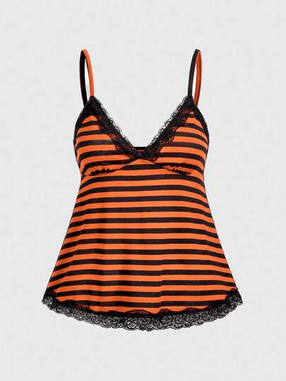 Fairycore Women's Black & Orange Striped Pattern Lace Trim Halloween Suspender