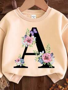 SHEIN Retro Floral & Letter Print Baby Girl Knit Soft Round Neck Loose Fit Thick Pullover Sweatshirt, Suitable For Autumn And Winter - Apricot - View 4