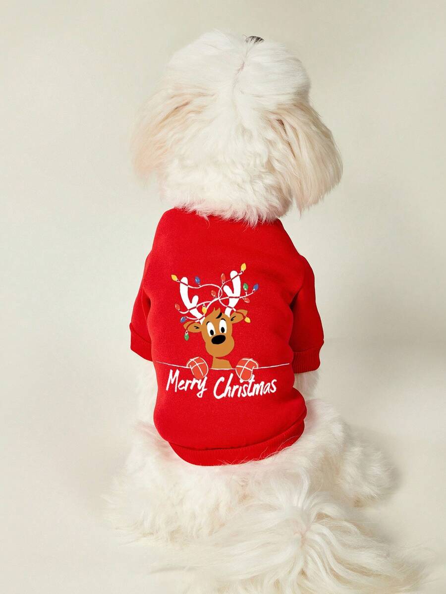 PETSIN 1pc Christmas Pet Sweatshirt, Red Reindeer & Letter Print, Thick & Warm Pet Clothing - Multicolor - View 1