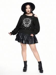ROMWE Goth Plus Size Loose Shoulder Contrast Lace Cat Embroidery Sweatshirt - Black - View 4