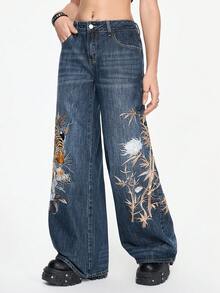 ROMWE Grunge Punk Quần jeans ống rộng cạp thấp họa tiết hổ và hoa phong cách Trung Hoa cổ điển dành cho cả nam và nữ - Màu xanh lam - Xem 6