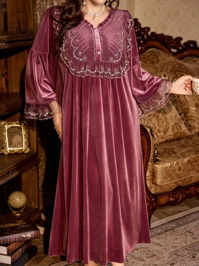 PalaceNights Camisón largo de terciopelo estilo palacio con cuello medio abierto y bordado de encaje, estilo vintage, talla grande, para otoño/invierno, Camisón vintage, camisón de señora, camisón tipo "Moo Moo"