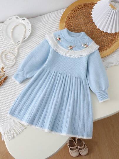 SHEIN Playful Pals 女童纯色针织A字裙，可爱时尚休闲百褶裙，秋冬