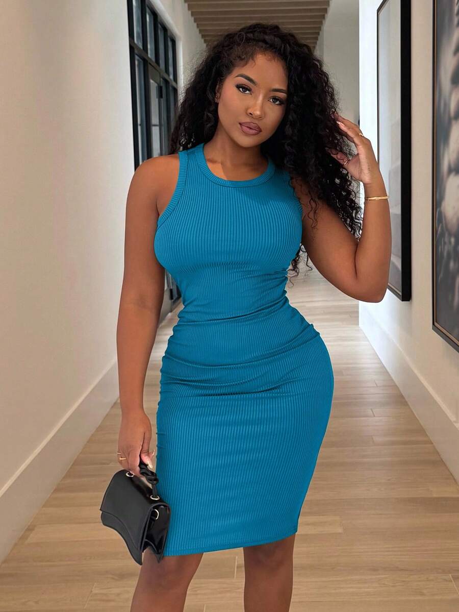 Alexandranx Màu thuần Không tay Cổ thuyền viên Váy bodycon - Màu xanh ngọc - Xem 1