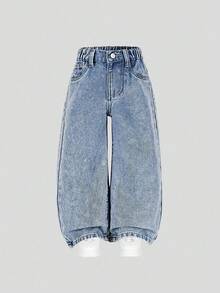 SHEIN Playful Pals Kleine Mädchen Leichte blaue süße rosa Schleife Muster Elastische Taille Lässig Weite Bein Verwaschen Jeans Hose