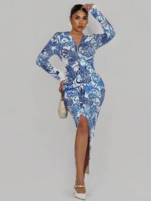 Xyvia Women's Elegant Printed Long Sleeve Dress Fall Cloth For Women