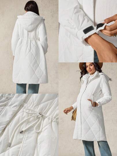 Boho Mama Maternity Solid Color Long Sleeve Hooded Padded Coat