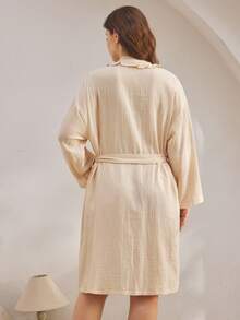 Ocili Jubah Mandi Katun Ukuran Besar dengan Rumbai di Pinggang, Musim Gugur - Khaki - View 2
