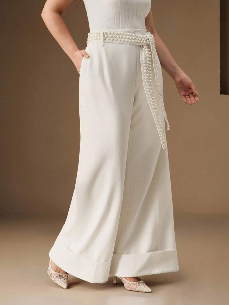 Pantalon ample et élégant pour femmes grandes tailles avec décoration de ceinture à la taille perlée, coupe ample, convient pour l'hiver, le Nouvel An, Thanksgiving, les mariages, les robes de soirée de luxe