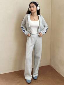 少女休闲街头风格字母印花连帽衫和运动裤套装，秋冬 - 灰色 - 查看 1