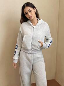 少女休闲街头风格字母印花连帽衫和运动裤套装，秋冬 - 灰色 - 查看 3