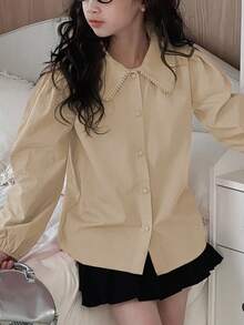Dazy Kids Tween Girls Solid Color Collared Shirt Long Sleeve Tops - Khaki - View 2