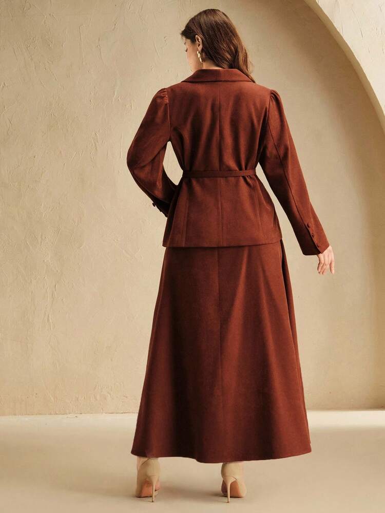Anewsta Vintage V-Neck, Waist Cinching Puff Sleeve Two Pieces Set With A-Line Skirt, Autumn