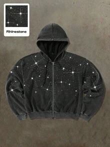 ROMWE MEN Street Life Unisex Rhinestone Zipper Hoodie Sweatshirt, Street Style American Design , Fall - Black - View 4