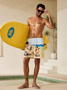 Manfinity Swimmode Men's Casual Printed Drawstring Beach Shorts - Multicolor - View 3