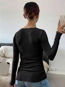 新款纹理修身短袖时尚女式T恤 - 黑色 - 查看 2