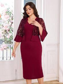 Lacomfia Vestido ajustado de oficina elegante con camisola de encaje bordado para mujer, talla grande - Rojo - Ver 5