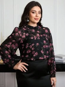 Modelyn 女式立领灯笼袖雪纺提花蕾丝拼接优雅百搭大码衬衫 - 彩色 - 查看 6