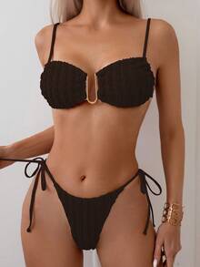 Swim Basics 夏季海滩纹理细肩带细肩带比基尼套装带分离式细肩带比基尼套装 - 咖啡棕 - 查看 5