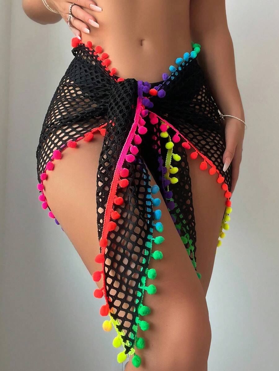 Swim Lushoire 夏季海灘網眼針織條邊和流蘇設計女士遮陽裙 - 黑色 - 查看 1