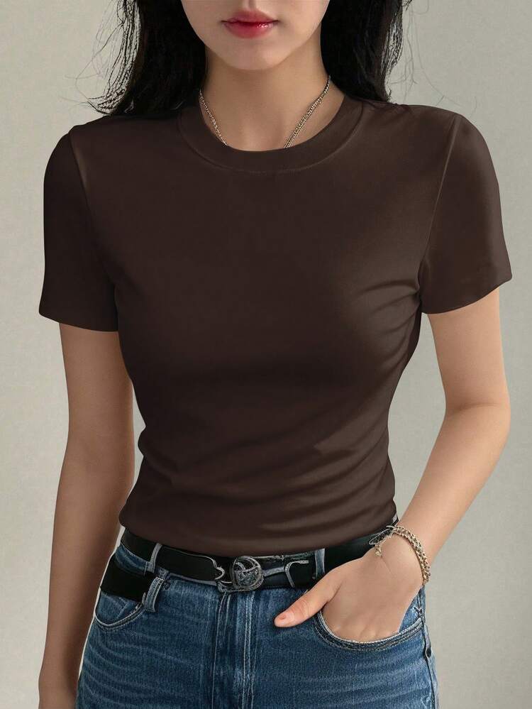 1pc Women's Solid Color Crew Neck Fitted Short Sleeve T-Shirt