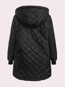 SHEIN Clasi Plus Size Women's Daily Black Contrast Pink Thick Plush Lining Hooded Long Sleeve Casual Quilted Coat, Thermal Lined To Keep Warm And Cold,Comfortable And Warm From The Cold,2025 New,Winter,Vintage,Going Out,Fall,Winter,Fall, Office,Fall,Classy,Fall,Halloween Costumes,Old Money Style - Black - View 8
