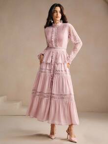 Anewsta Elegant Stand Collar Ruffled Lace Patchwork Romantic Pleated Slim Fit Dress, Suitable For Festival, Wedding Guest, Autumn, Fall, Winter, Going Out, Elegant, Formal, Chic, New Year, Christmas, Work, Graduation, Wedding